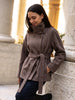 Women Black Belted Double Breasted Coat High Neck Long Sleeve Tailored Fit Elegant Jacket Winter Office Casual Outerwears