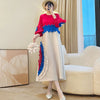 Anmrem Tie Flower Design Women's Pleated Dress O-neck Long Sleeve Colorblock Patchwork Chic Beading Loose Famale Clothes 2DB5753