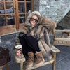 Vintage Hooded Faux Fur Coat Women Winter Slavic Style Girl Striped Fox Fur Jacket Long Overcoat