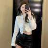 White Cropped Jackets for Women Korean Ruffles Double-Breasted Coat Ladies Elegant Chic Short Tweed Cardigans
