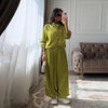 Casual Solid Shirt Trouser Suits Women Full Sleeve Lace Up Lapel Top Wide Leg Pants Lady Set Autumn Female Suit