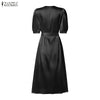 Women Silky Satin Party Midi Dress Elegant V-Neck Short Puff Sleeve Belted A-Line Dress Graceful Cocktail Vestidos Mujer