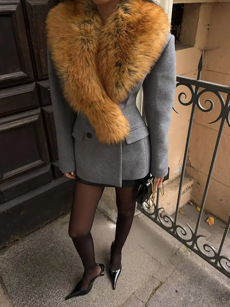 Chic Women Double Breasted Wool Blazer Coat Detachable Faux Fox Fur Collar Slim Fit Short Woolen Jacket Lady Winter Outerwears