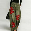 Women Faux Denim Wide Leg Pants High Waist Floral Print Eyelet Hole Decor Loose Baggy Trousers Vintage Street Long Pants