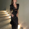 Lace Patchwork Printed Maxi Dresses For Women Sexy Streetwear Short Sleeves Slim Hollow Out Long Vestidos Robes Female