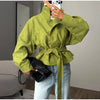 Chic Green Suede Lace Up Jackets Women Loose Stand Collar Belt Long Sleeve Buttons Coats Autumn Winter Lady Outwear