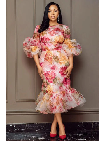 Women Floral Mermaid Midi Dress Round Neck Puff Bubble Sleeve Ruffle Hem Elegant Wedding Guest Cocktail Evening Formal Dress