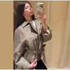 Vintage Plaid Women's Cropped Trench Coat Autumn Lapel Tie Waist Full Sleeve Windbreaker Chic Casual Elegant Jacket