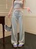 Women Blue Baggy Plaid Jeans Vintage Y2k Cowboy Pants Harajuku Aesthetic Denim Trousers Trashy Japanese 2000s Style Clothes
