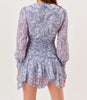 Blue Floral Print Chiffon Mini Dress Women Wood Ears Ruffles V Neck Open Buttons Slim Ruched Waist Long Sleeve Holiday Robe