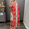 Red National Style Printting Pleated Women's Long Robe Chic Temperament Cardigan Trench Coat 2DB3930