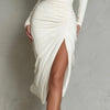 Elegant Turtleneck Ruched Bodycon Long Dress Woman Sexy High Waist Split Evening Dresses Spring Fall Long Sleeve Slim Boho Dress