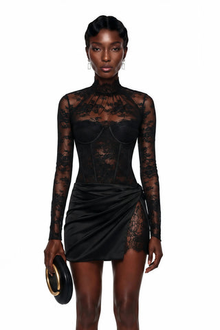 Sexy Sheer Lace Satin Patchwork Short Evening Gown For Ladies Mock Neck Long Sleeve Boned Corset Fitted Bodycon Mini Dress