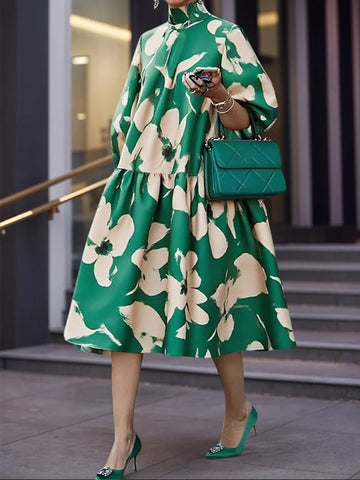 Women's Floral Printed High Neck Party Evening Midi Dresses Half Puff Sleeves Loose Elegant Wedding Banquet Pleated Dress