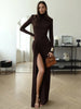 Turtleneck Thigh High Split Sexy Maxi Dress For Women Long Sleeve Draped Bandage Bodycon Club Long Dress