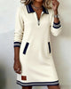 Autumn Winter Versatile Women's Dress Casual Contrasting Color Splicing Lapel Long-sleeved Loose Dress With Pockets