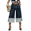 Women's High Waist Wide Leg Rolled Cuffs Cropped Jeans Casual Streetwear Denim Capris Pants Bottoms