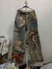 Autumn Winter Niche Design Print Contrast Color Loose Jeans For Women Straight Wide-leg Denim Pant 1A1517