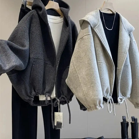 Retro Woolen Coat Japanese Korean Jacket Women Spring Autumn Winter Hooded Outcoat Cardigan Overcoat Top Ladies