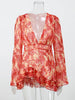 Sexy Floral Printed Mini Dress Women V-neck Flared Sleeve Waist Cinching Ruffle Bodycon Vestido Lady Party Vacation Gowns