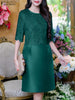 Elegant Women Dresses Lace Patchwork Satin Knee-Length Robes Femme O-Neck Half Sleeve Fitted Waist Vestidos