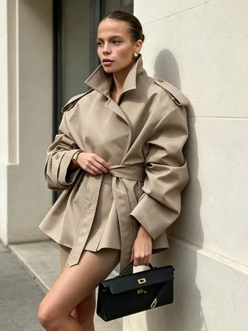 Lapel Collar Long Sleeve Trench Coat For Women Belted Waist-cinching Loose Short Windbreaker Autumn Daily Commute Wear