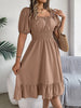 Solid Puff Sleeve Square Neck Ruched Bust Ruffle Hem Wasit Dress, Women's Clothing