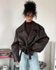 Casual Black Leather Lace Up Short Jacket Women Long Sleeve Zipper Lapel Loose Button Coat Lady Daily High Street Outerwear