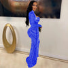 Women Mesh See Though Diamonds Rhinestones Cutout Front Long Sleeve Sexy Party Club Evening Prom Maxi Long Dress