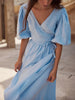 100% Cotton V-neck Waist Cinched Dress Unique Lantern Sleeve Sexy Slit Long Skirt Women's Casual Dresses