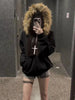 Faux Fur American Vintage Coats with Hooded Women's Y2K Sweatshirts Gothic Harajuku Subculture Punk Emo Sweatshirts and Jacket
