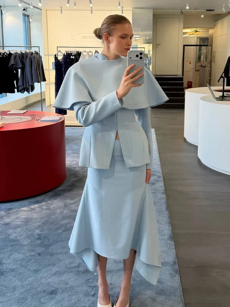 Light Blue Cape 3 Piece Outfit Women Solid Slim Blouse Asymmetrical Hem Midi Skirt Lady Formal Office Matching Set