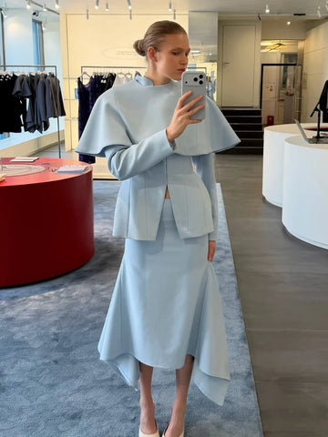 Light Blue Cape 3 Piece Outfit Women Solid Slim Blouse Asymmetrical Hem Midi Skirt Lady Formal Office Matching Set