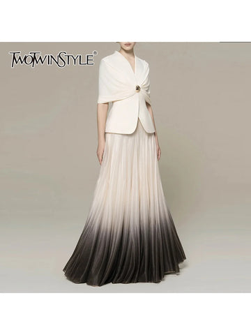 Spliced Button Two Piece Sets for Women V Neck Cape Sleeve Tunic Top High Waist Ombre Skirt Elegant Set Female