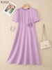 Elegant Chic Fabric Flower Womens Midi Dresses O-Neck Short Puff Sleeve Fitted Waist A-Line Dress S-3XL