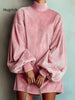 High Neck Corduroy Short Dress For Women Oversized Lantern Balloon Long Sleeve Loose Hem Casual Daily Mini Dresses