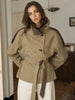 Women Cropped Trench Coat Faux Leather Spliced Epaulets Belted Waist Loose Fit Khaki Short Jacket Vintage Ladies Outerwear