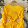 European Court Style Dress for Women A Design Sense Tassel V-neck Slim Fit Long High-temperature Pleated Flared Sleeve