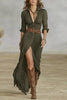 Sexy Women's Dress French Retro V-neck Waist Pleated Loose Slit Temperament Long Sleeve Dresses For Women Robe Femal