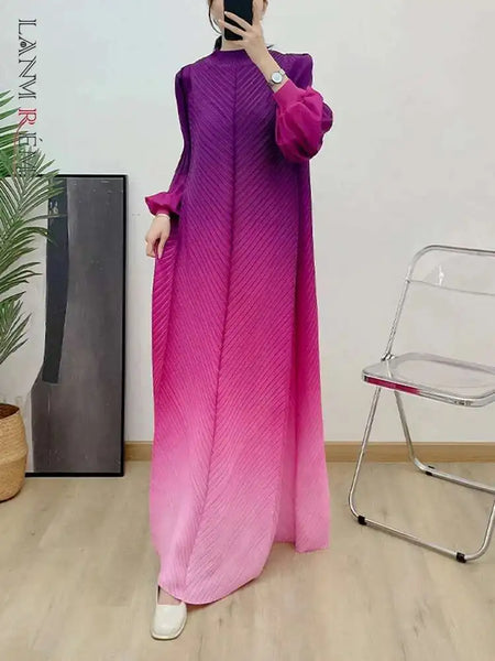 Prom Dress For Women Gradient Long Sleeves Maxi Pleated Print Dresses Spring Female Clothing 2DA3612