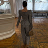 Elegant Woolen Top Pants Women Set Urban Long Sleeve Slash Neck Pleated Blouse Straight Trousers Autumn Winter Lady Suit