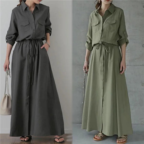 Women Dresses Solid Color Shirts Long Casual Lapel Long Sleeve Drawstring Elastic Waist Dress Female Commuting Clothing