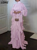 Early Autumn Turtleneck Lantern Sleeves Shinny Ruffles Pullover Floor Length Vacation Dress High Waist Female Vestido