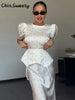 Elegant Women's Printed Waistband Long Dress 3D Flower V-neck Bubble Sleeve Patchwork A-line Dresses Spring Party Robe
