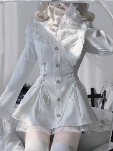 Gothic Vintage Girl Slim Patchwork Dress Women High Street Lace Skinny Long Sleeve Dresses France Sweet White Clothing