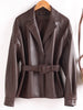 Women Split Leather Blazer With Slim Waist Belt Spring Autumn Notched Collar Loose Leather Jacket Female Coat