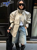 Elastic Drawstring Waist Jackets Women Casual Stand Collar Long Sleeves Cropped Trench Outerwear Lady Autumn Daily Windbreaker