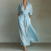 Bohemian Elegant Lace-up High Waist Long Dress Woman Turn-down Collar Hollow Party Dress Spring 3/4 Sleeve Pocket Maxi Dress