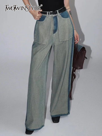 Hit Color Casual Jeans For Women High Waist Full Length Vintage Chic Straight Wide Leg Pant Female Clothing