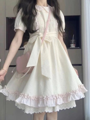 Japanese Sweet Lovely Bow Apricot Dress Set Women Kawaii Lace Puff Sleeve Dresses Vintage Chic Pink Knit Cardigan